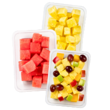 Ananas, mango
of watermeloen blokjes
of fruitsalade ananas/druif